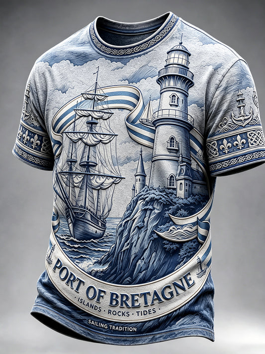 T-shirt décontracté imprimé de voilier de phare de la Bretagne française pour hommes