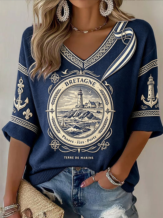 T-shirt à col en V décontracté rétro bleu foncé français bretagne sur le thème du port pour femme