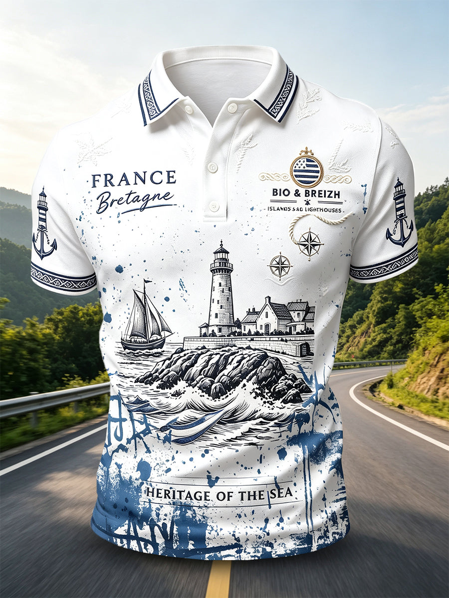 Polo Homme Décontracté Blanc À Imprimé Breton