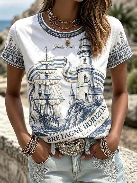 T-shirt décontracté Breton Lighthouse à imprimé voilier pour femmes
