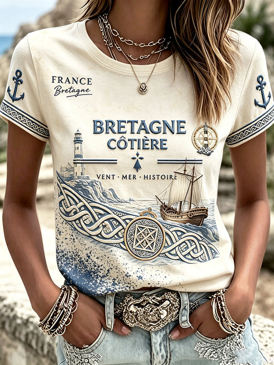 T-shirt décontracté rétro beige français bretagne phare Viking pour femme