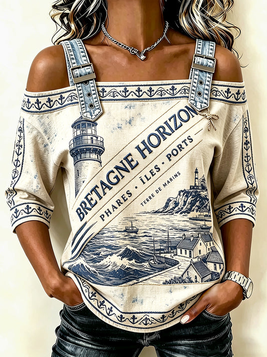 Femmes Français Bretagne Phare Imprimer Casual Été Cool Bustier T-shirt