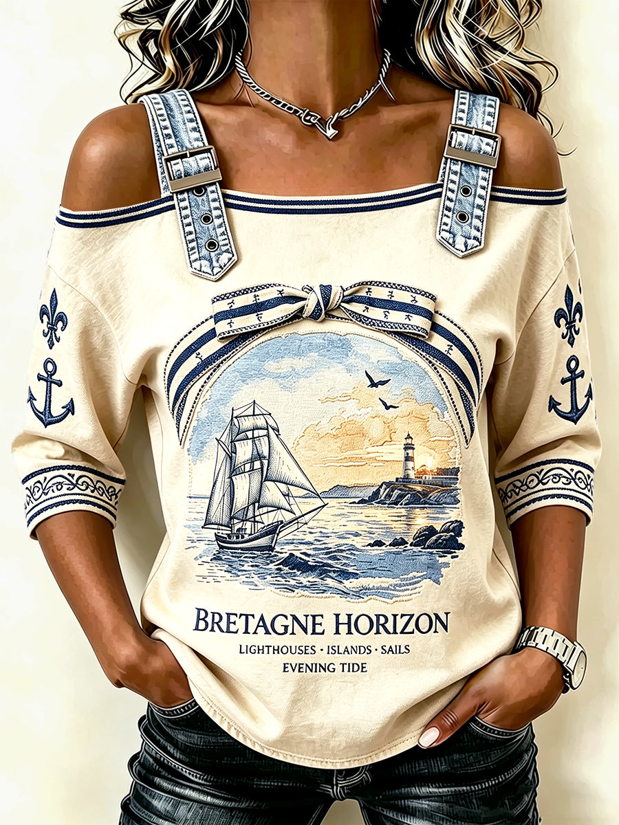 Femmes Brittany Lighthouse Maritime Rétro Casual Été Cool Spaghetti-strap T-shirt