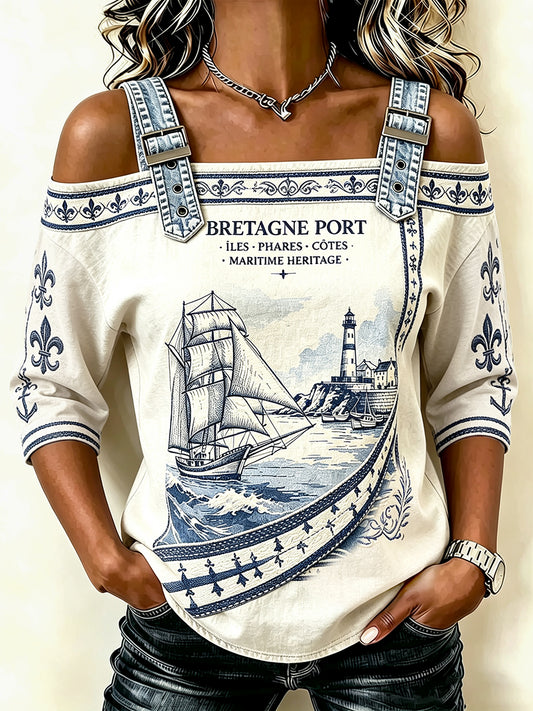 Femmes Rétro Français Bretagne Phare Imprimer Casual Été Cool Bustier T-shirt