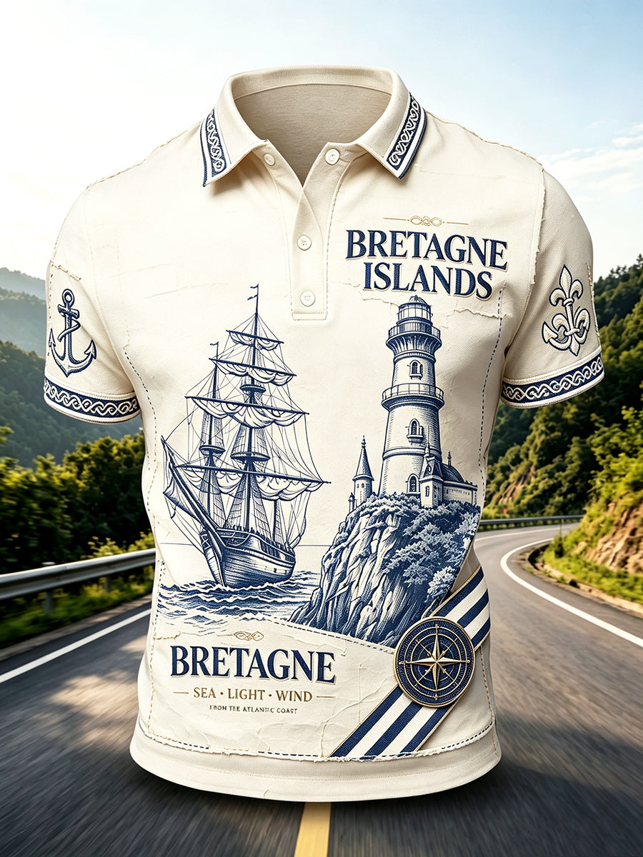 Polo décontracté à imprimé phare Bretagne française vintage pour hommes