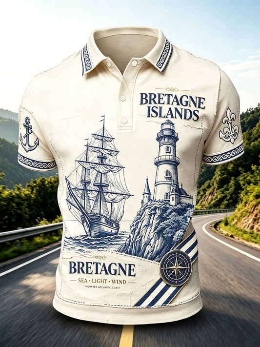 Polo décontracté à imprimé phare Bretagne française vintage pour hommes