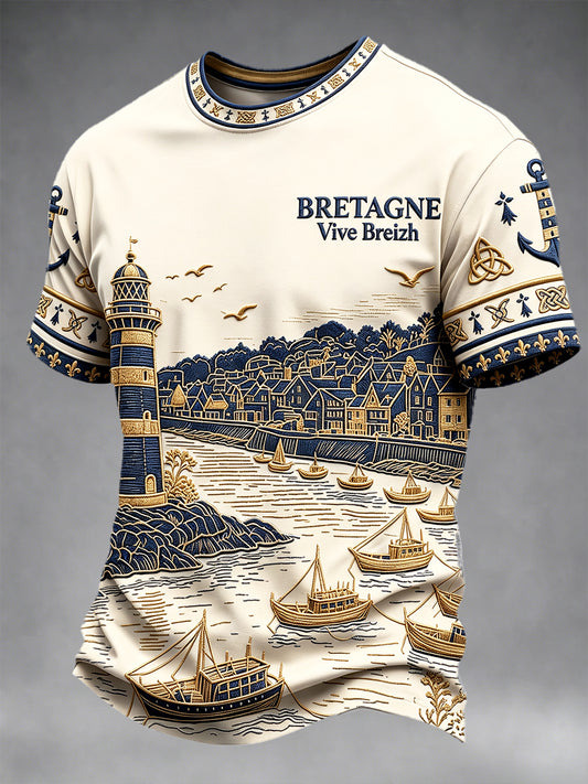 Vintage Beige Français Brittany Harbour Imprimer T-shirt décontracté pour hommes