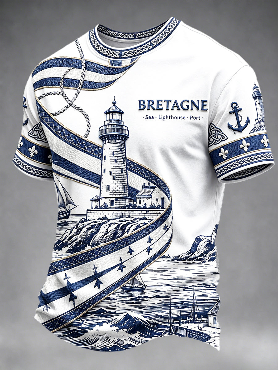 T-shirt Décontracté Homme Blanc Style Breton Imprimé Phare