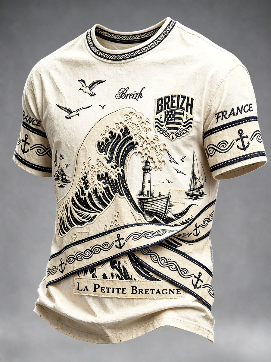 T-shirt décontracté vintage beige français bretagne nautique pour homme