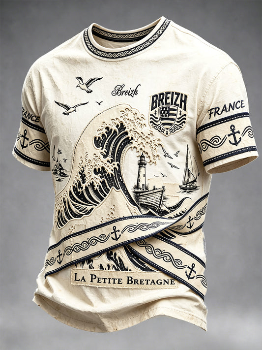 T-shirt décontracté vintage beige français bretagne nautique pour homme