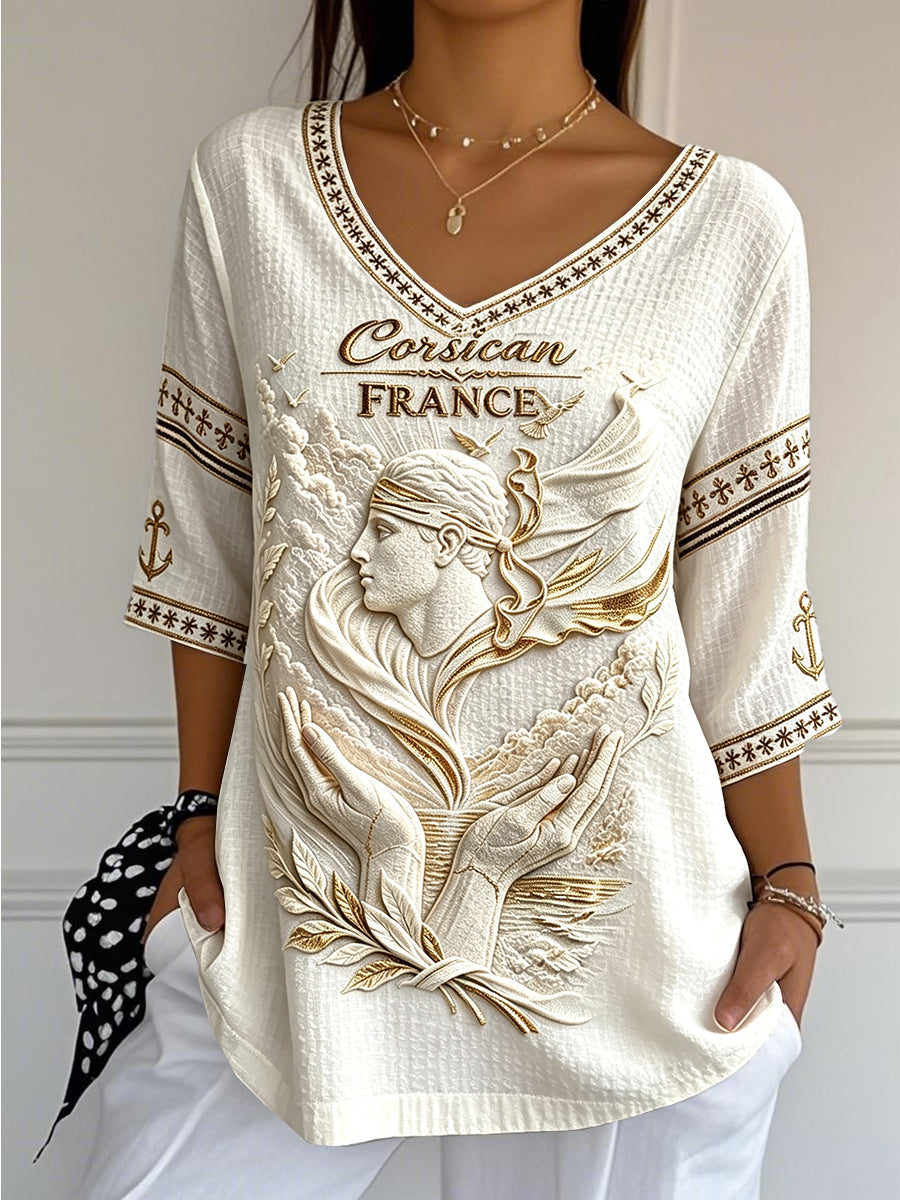 Tee-shirt Femme Blanc Imprimé 3D-Inspiration Corse Décontracté Cool-Weave Col V En Coton Et Lin