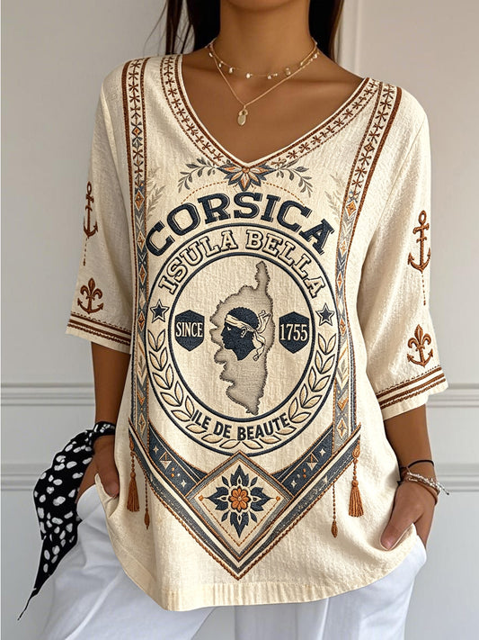 Femme Rétro Blanc Cassé Français Corse Imprimé Décontracté Cool Coton-Lin V-Neck T-Shirt