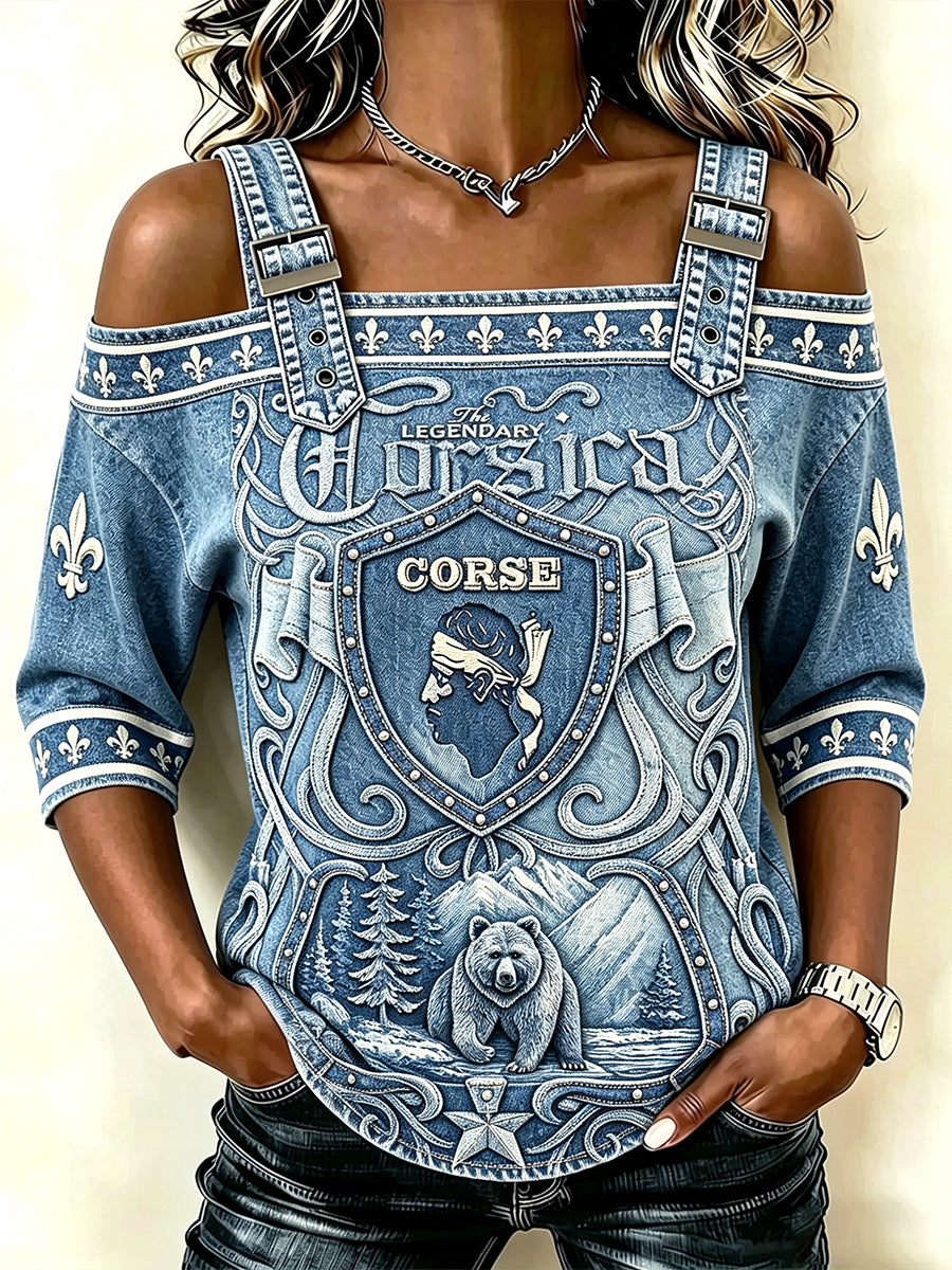 Femmes Français Corse 3D Denim-effet imprimé décontracté et cool Spaghetti-Strap T-Shirt