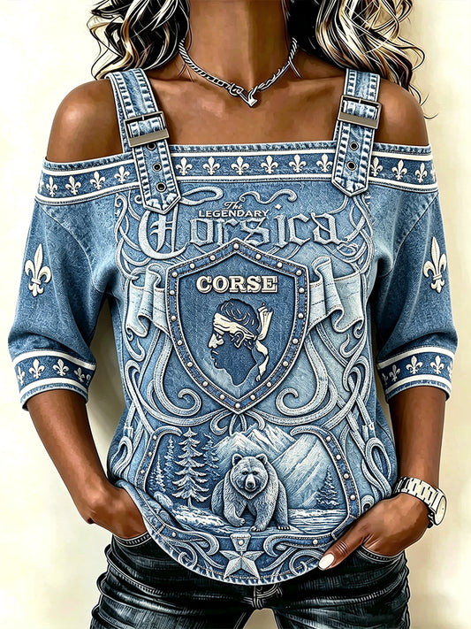 Femmes Français Corse 3D Denim-effet imprimé décontracté et cool Spaghetti-Strap T-Shirt