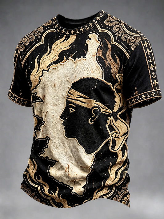 T-shirt décontracté noir à imprimé patchwork corse vintage pour hommes