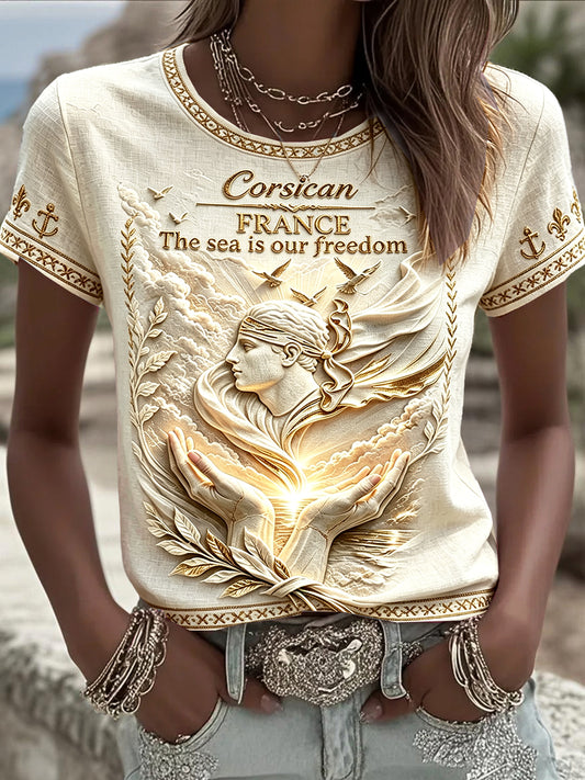 T-shirt décontracté vintage blanc cassé français corse 3D-Printed pour femme
