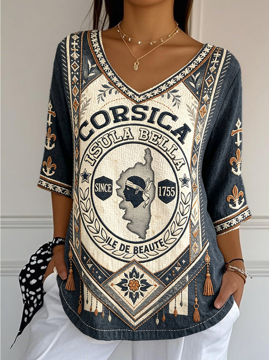 T-shirt à col en V décontracté à imprimé corse gris foncé vintage pour femme