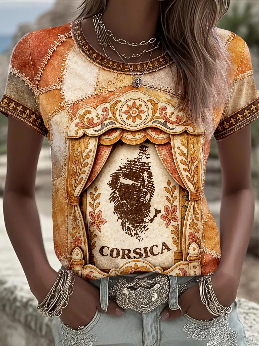T-shirt décontracté à imprimé patchwork français corse pour femme