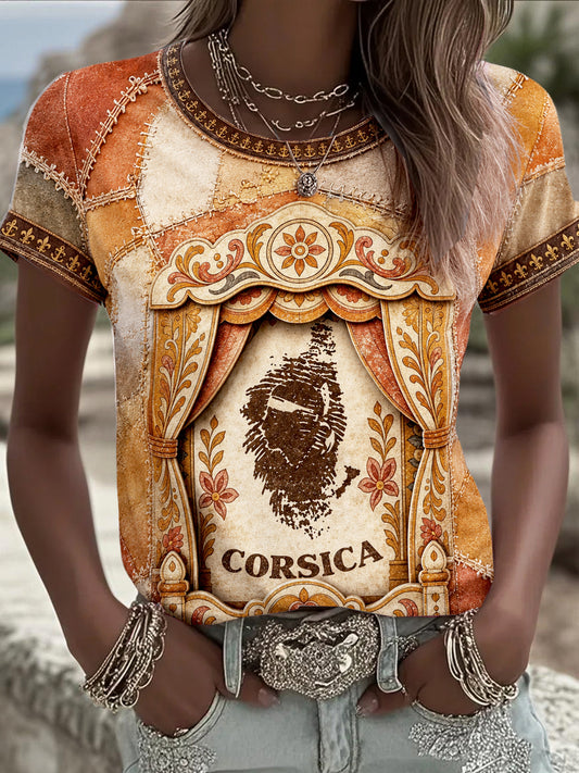 T-shirt décontracté à imprimé patchwork français corse pour femme