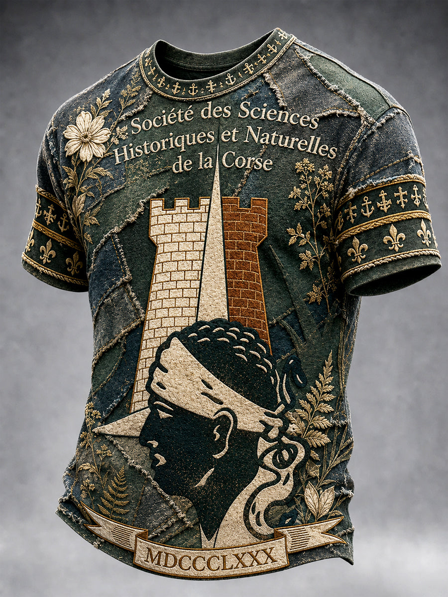 T-shirt décontracté imprimé corse rétro patchwork vert pour hommes
