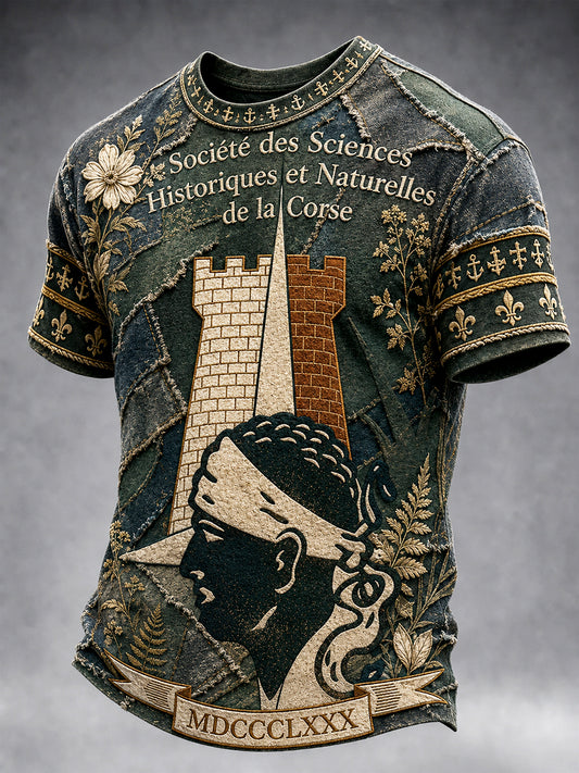 T-shirt décontracté imprimé corse rétro patchwork vert pour hommes