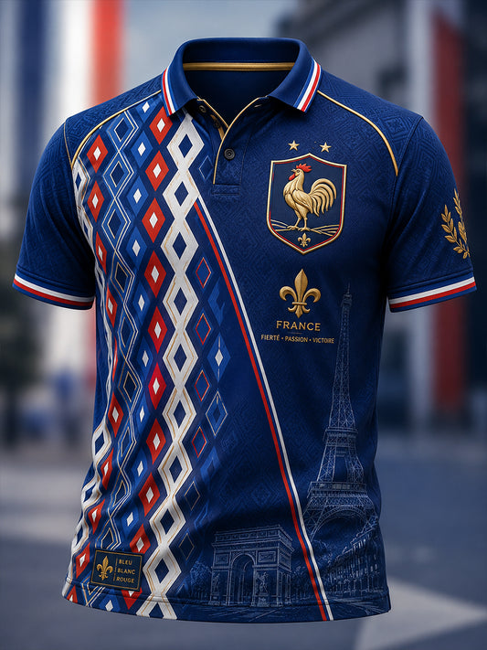 Polo à imprimé artistique de commémoration patriotique française pour hommes