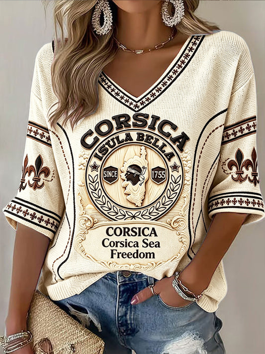 Vintage Français Corse 3D-Printed Casual V-Neck T-Shirt des femmes