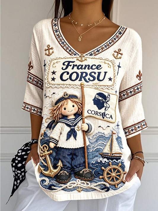 Femmes Français Corse Mignon Patchwork Imprimer Cool Coton-Lin V-cou T-shirt