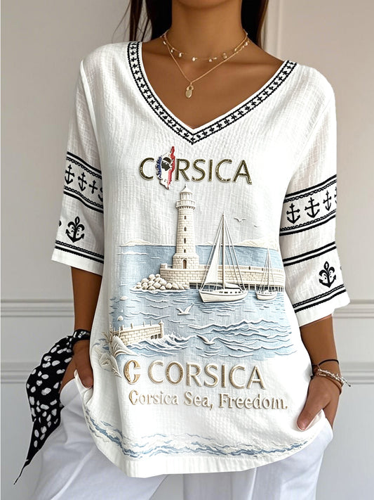 T-shirt à col en V en coton lin et lin pour femme, voyage corse imprimé blanc