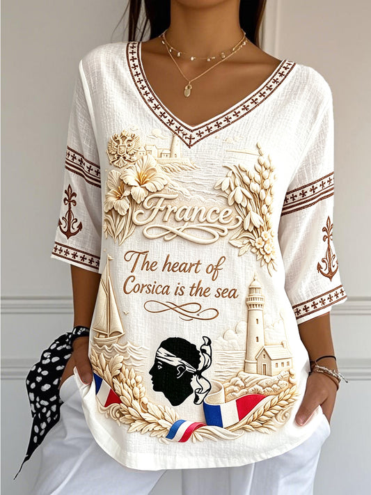 T-shirt léger d'été à col en V en coton et lin pour femme, imprimé vintage corse français