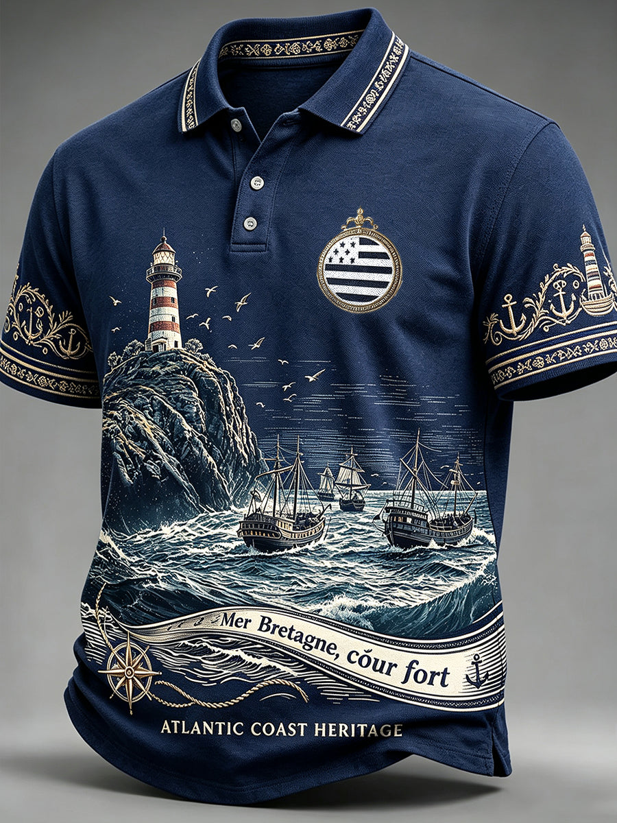 Polo décontracté à imprimé de phare French Brittany bleu profond pour hommes
