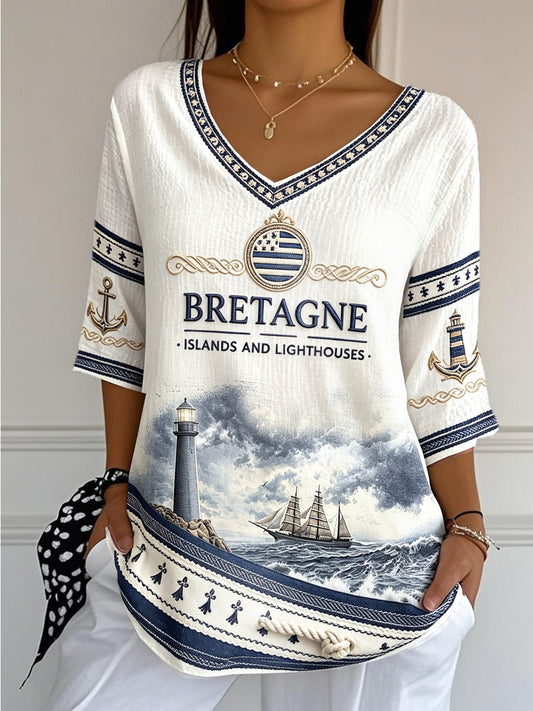 T-shirt léger à col en V Femme Bretagne Française Phare Imprimé Nautique Coton-Lin
