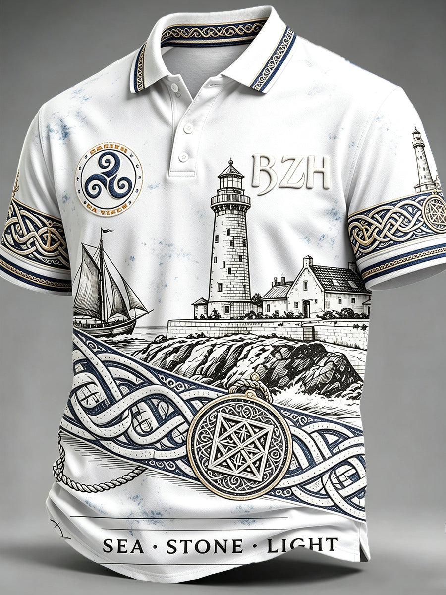 Polo Homme Blanc Style Breton Imprimé Phare Décontracté