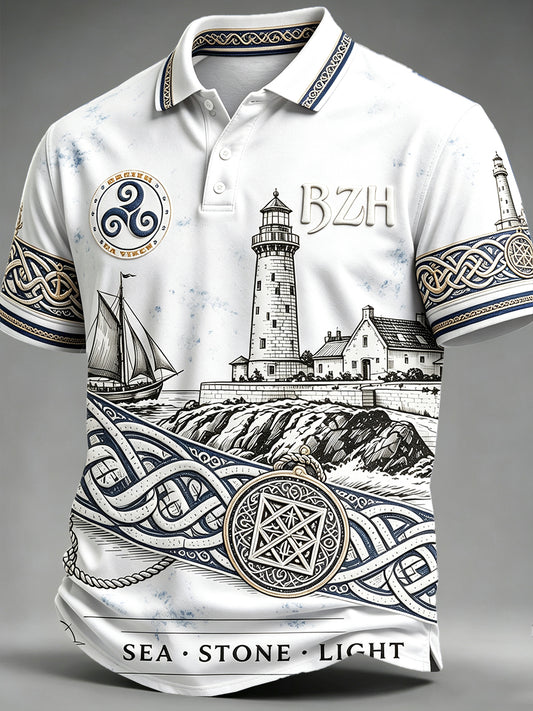 Polo Homme Blanc Style Breton Imprimé Phare Décontracté