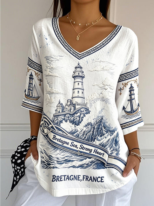T-shirt Femme Blanc Breton Phare Imprimé Cool En Coton-Lin Col V