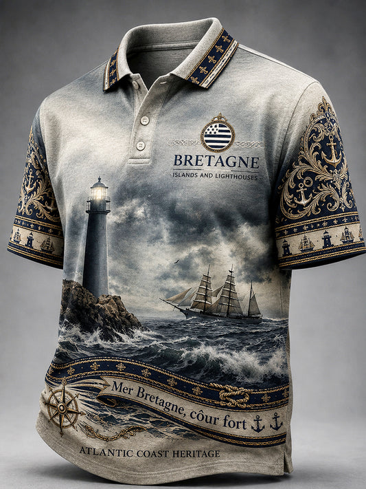 Hommes Vintage Français Bretagne Phare nautique Imprimer Polo décontracté