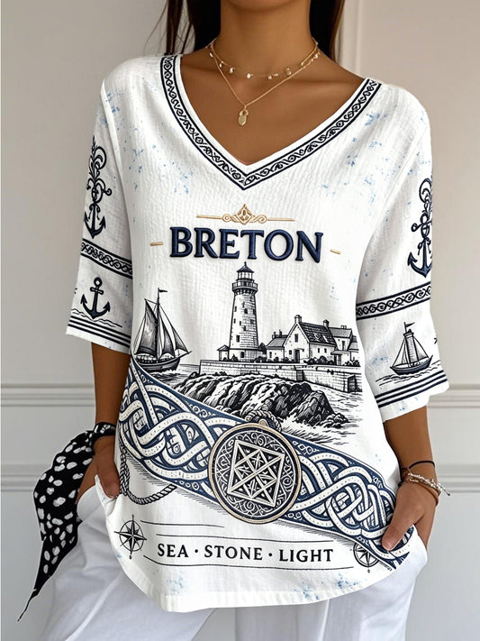 Tee-shirt Femme Blanc Style Breton Imprimé Phare Décontracté, Léger Col V