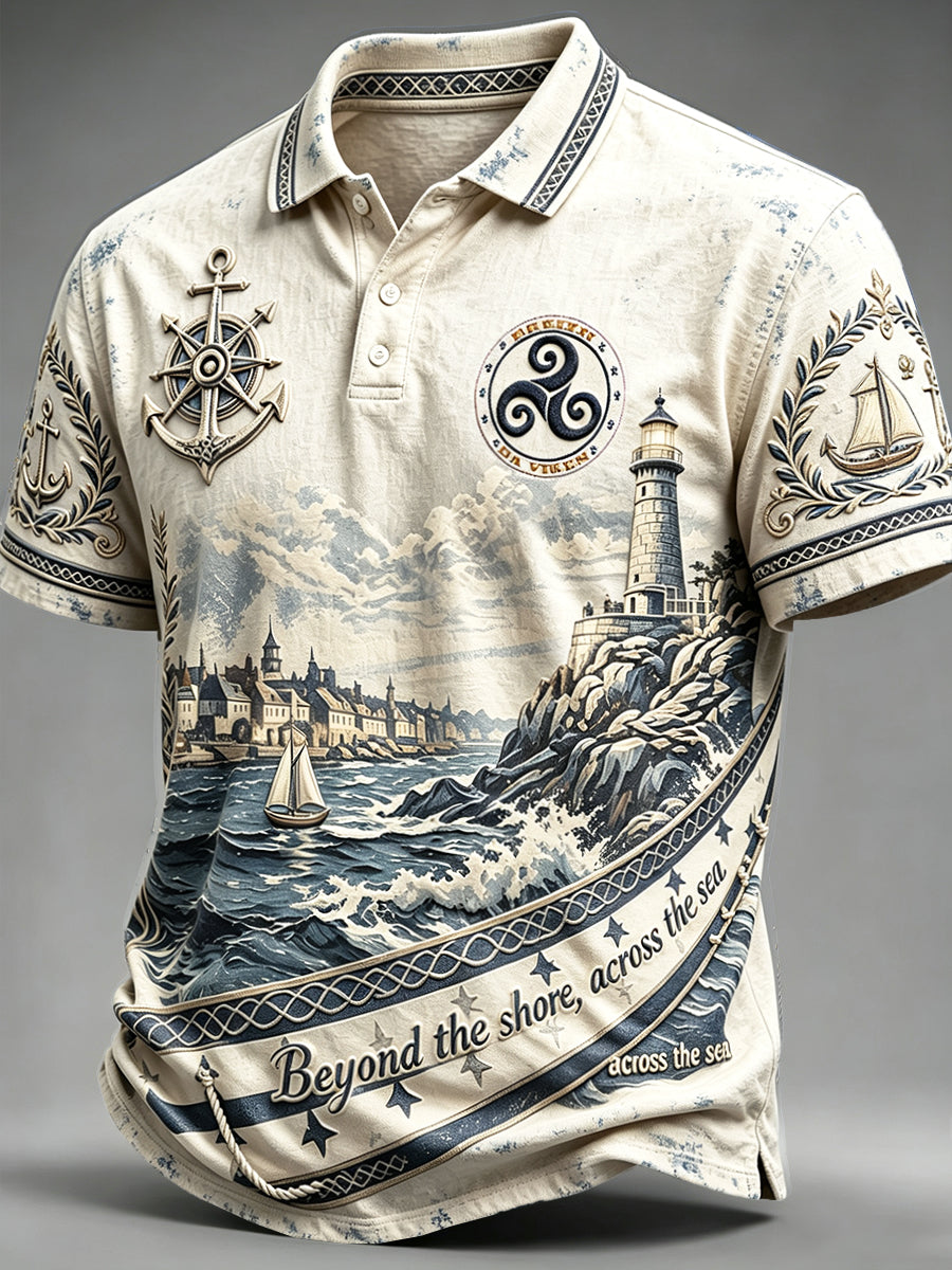 Polo décontracté vintage blanc cassé français bretagne phare nautique pour homme