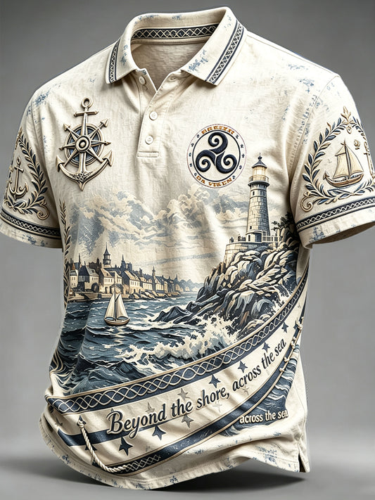Polo décontracté vintage blanc cassé français bretagne phare nautique pour homme