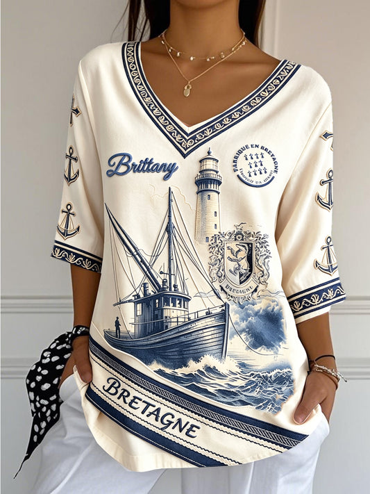T-Shirt Femme Retro French Brittany-Print Casual, Cool-Wear Col V En Coton-Lin