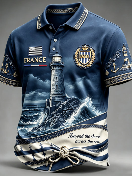 Polo Homme Bleu Foncé Décontracté À Imprimé Breton