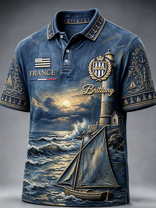 Polo décontracté vintage bleu foncé français bretagne phare pour homme