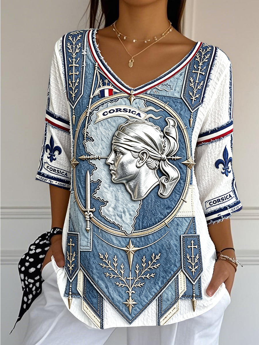 Femmes Français Corse Denim Patchwork Imprimé Décontracté Cool Coton-Lin V-cou T-shirt