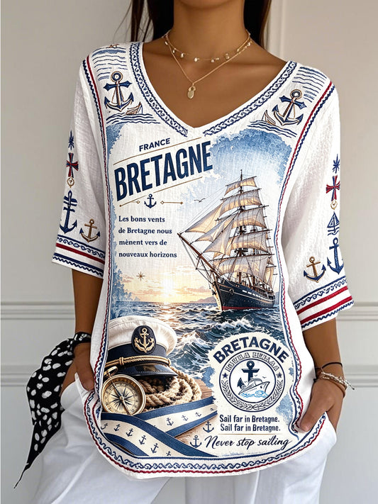 Tee-shirt Femme Blanc Col V En Coton-Lin Décontracté, Cool-Wear Imprimé Breton Français