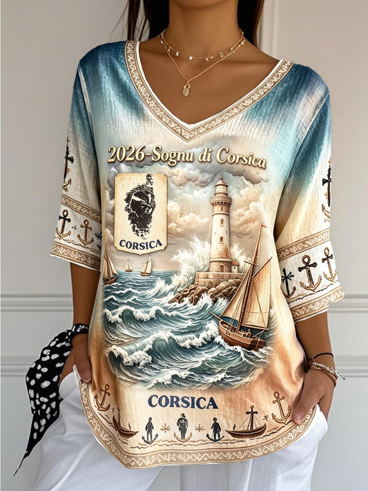 Femmes Rétro Français Corse Gradient Imprimé Décontracté Cool Coton-Lin V-cou T-shirt