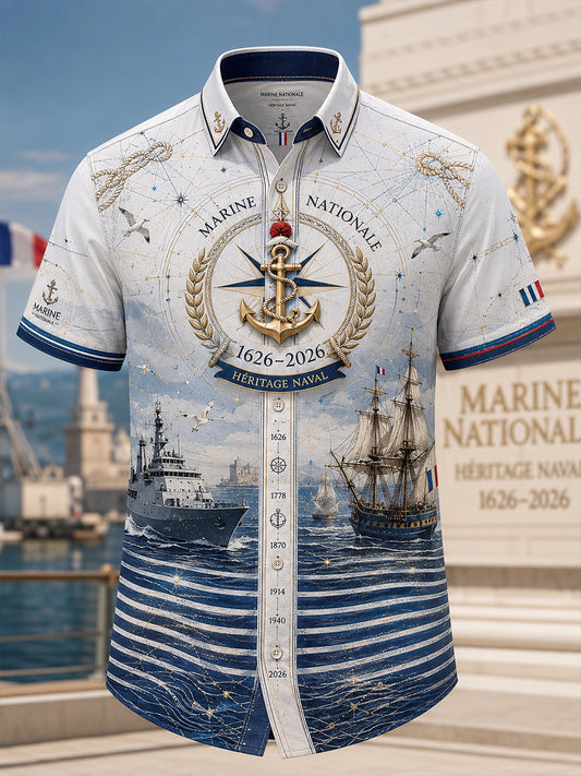 Chemise de ville française pour homme, manches courtes, marine