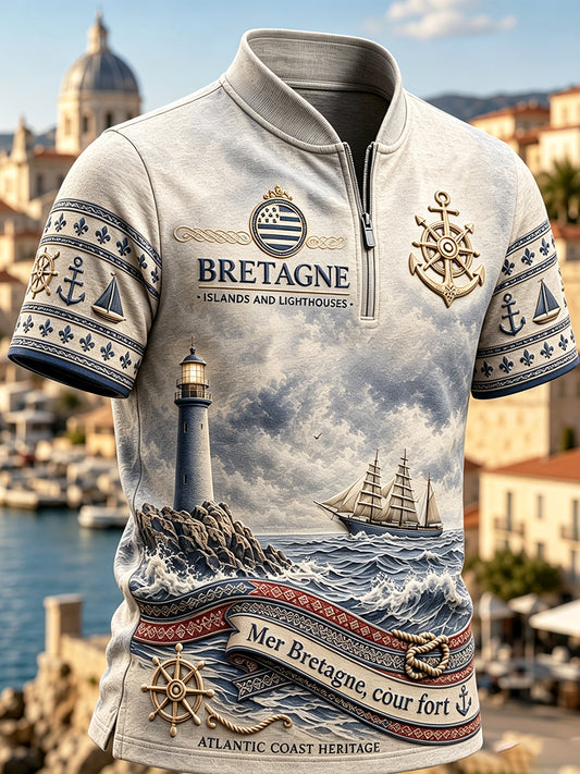 French Brittany Harbour Print Vintage Zip-Up T-shirt à manches courtes pour hommes