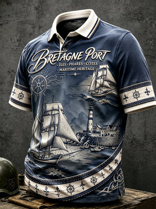 Polo décontracté vintage à imprimé nautique de style breton bleu foncé pour homme
