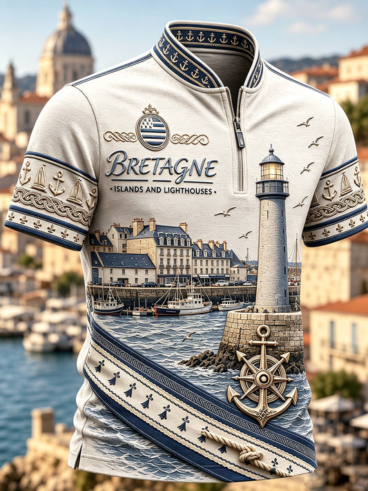 T-shirt décontracté à manches courtes zippé à imprimé breton vintage