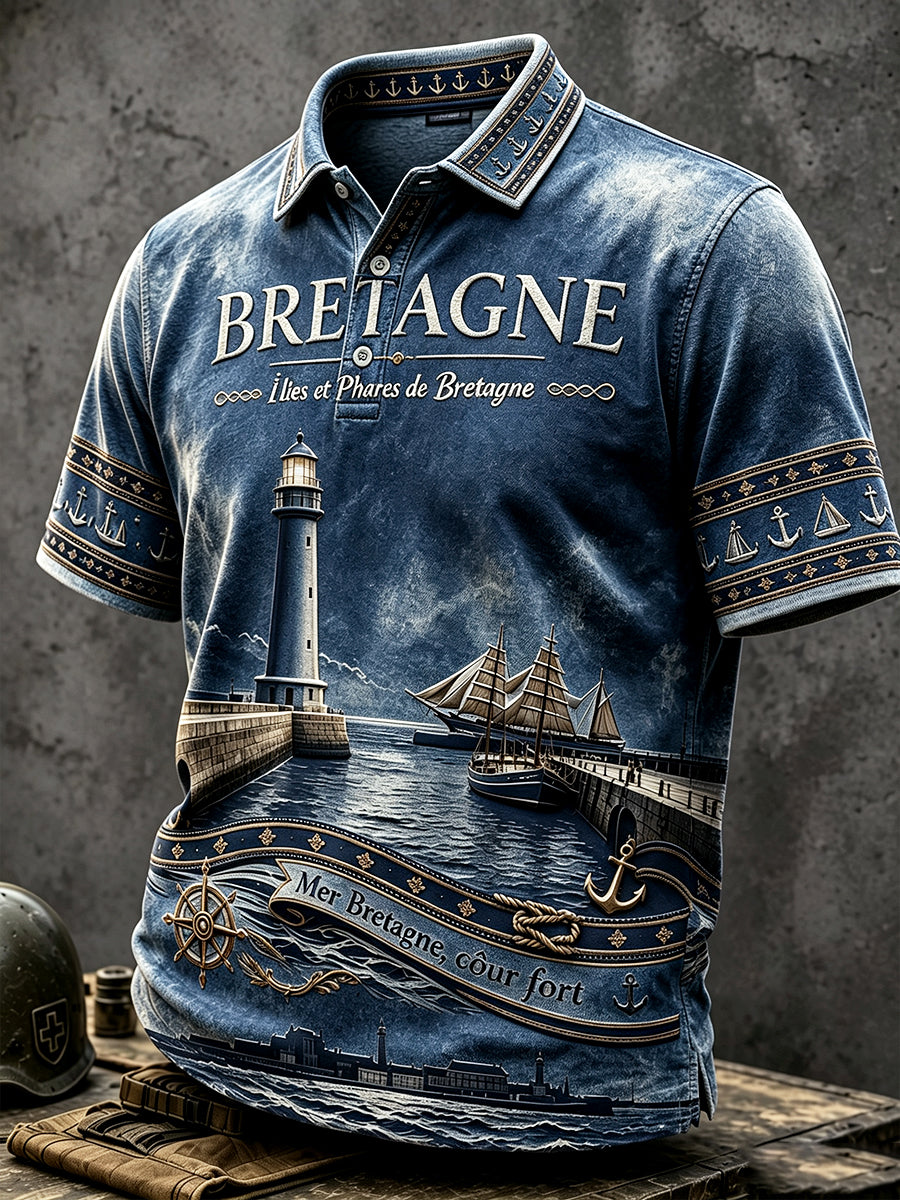 Polo décontracté à imprimé French Brittany Harbour bleu profond pour homme